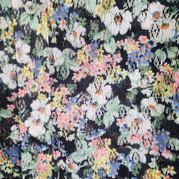 Vtg Lorisa Sheer Blouse Black Multi-Color Floral Print 1970s Button Up Top - Picture 2 of 9